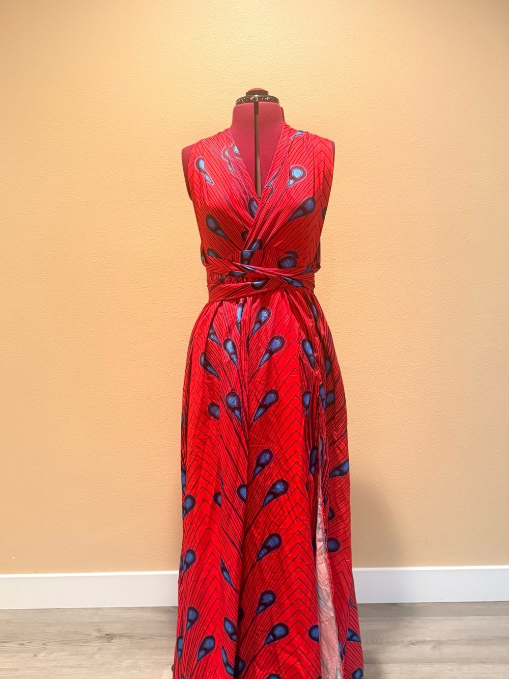 Sleeveless Red Wrap Maxi Dress with Blue Teardrop Print
